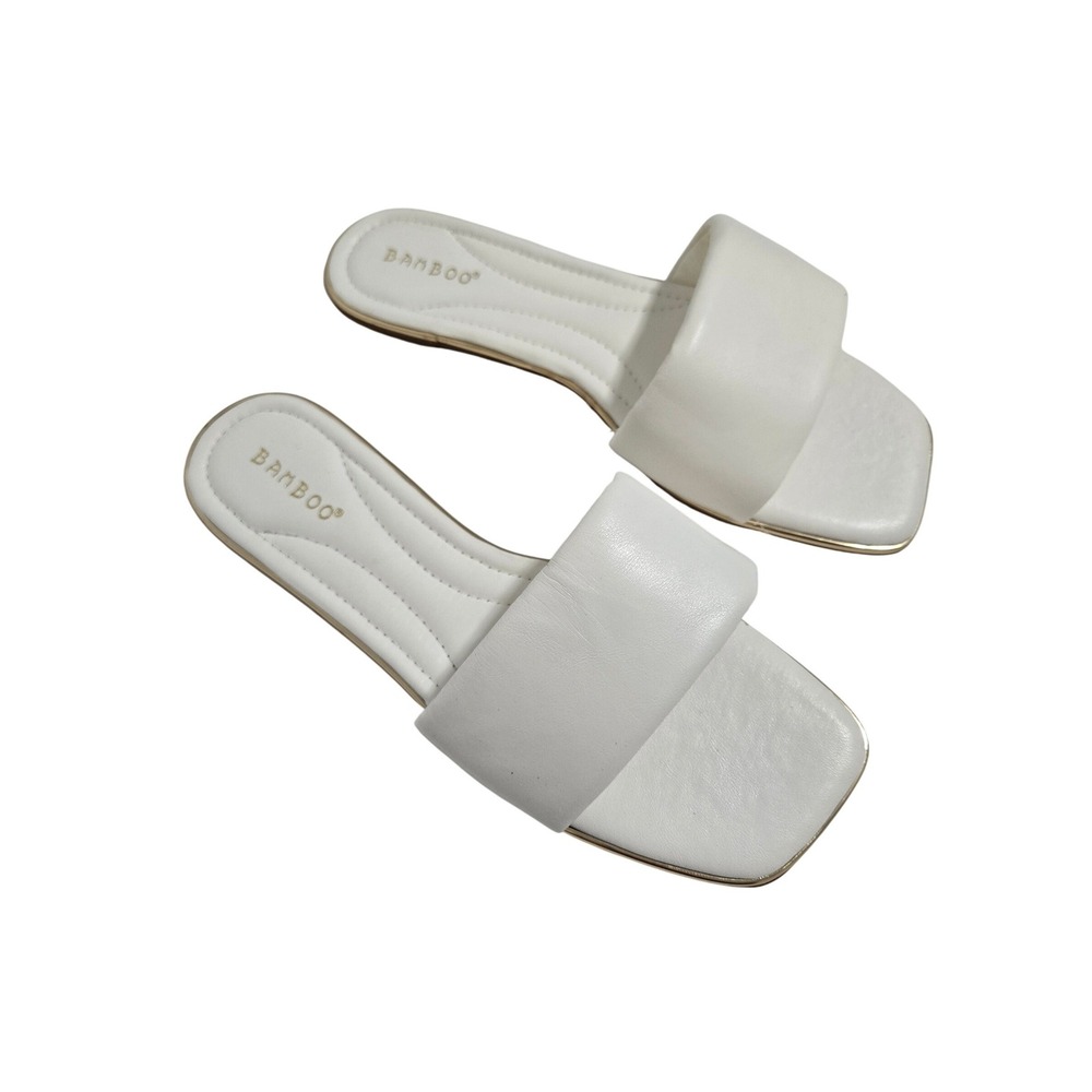 Bamboo Womens Pointer-23 Slide Sandals White Gold Trim Square Toe 9M